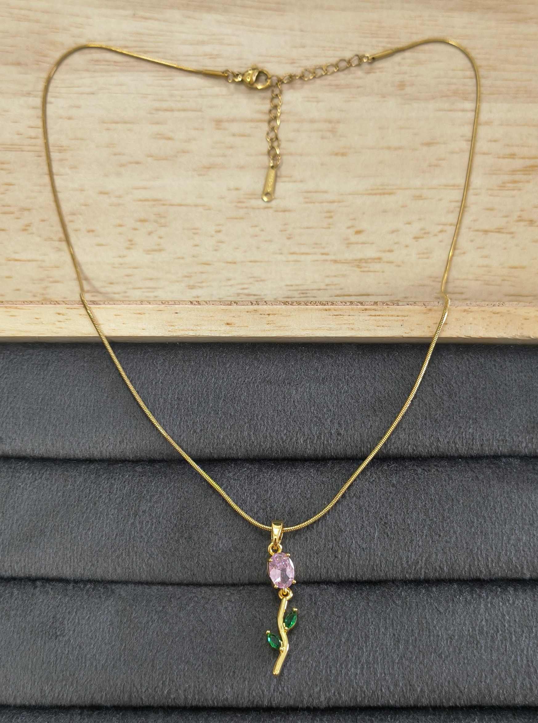 Antitarnish Necklace Pink Tulip Blossom Pendant 18K Gold Plated