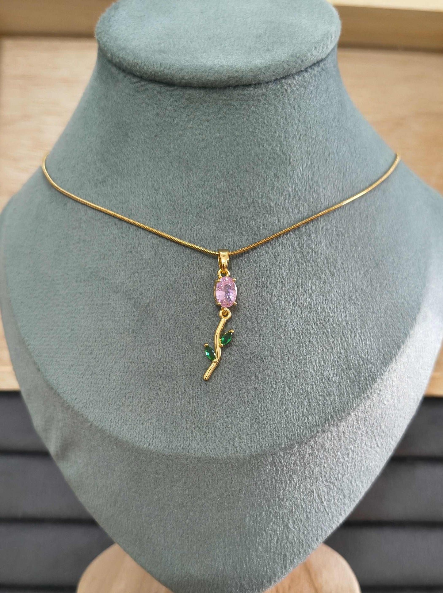 Antitarnish Necklace Pink Tulip Blossom Pendant 18K Gold Plated