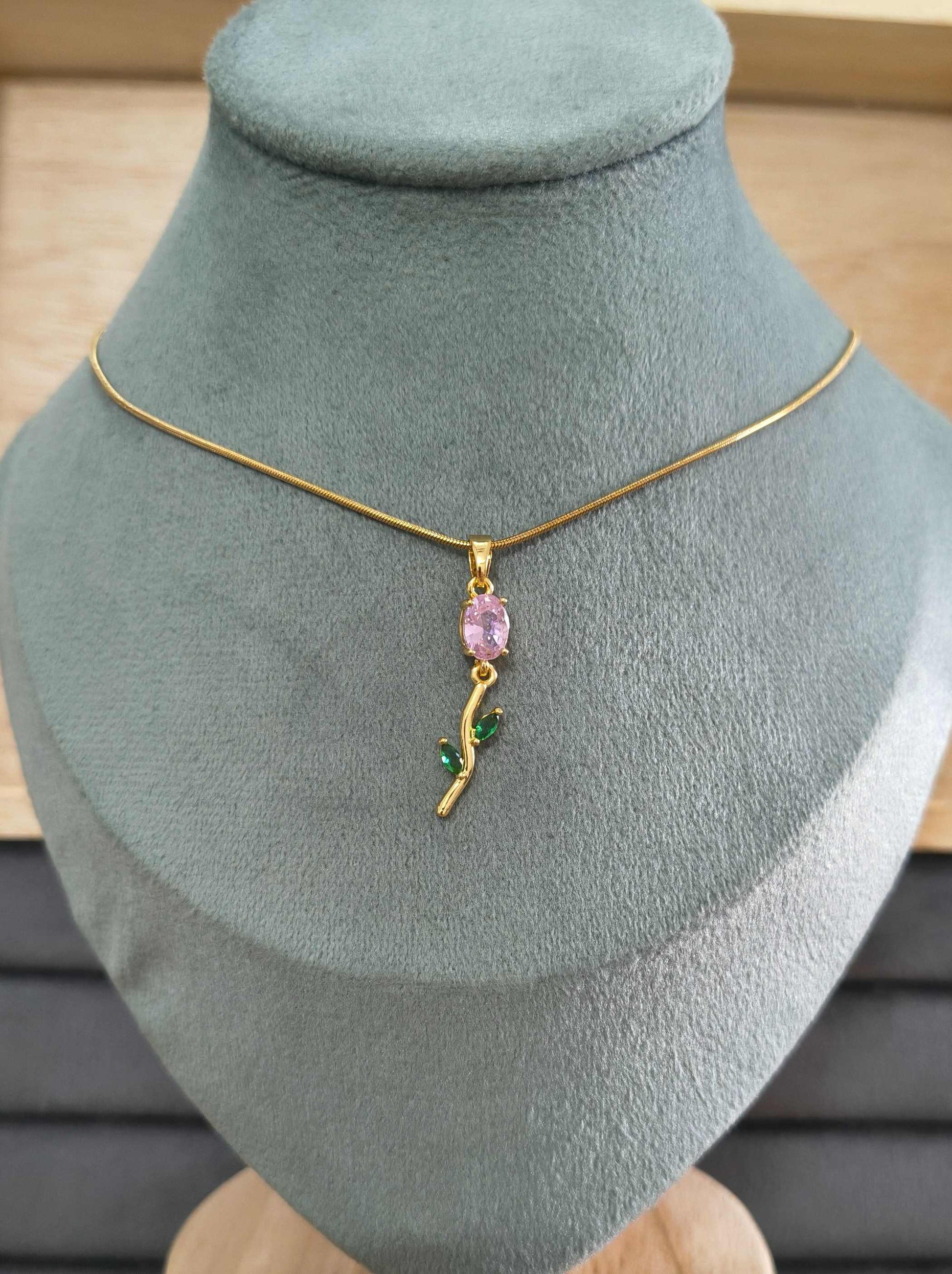 Antitarnish Necklace Pink Tulip Blossom Pendant 18K Gold Plated