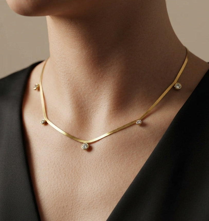Antitarnish Stone Studded Snake Chain Necklace 18K Gold Plated