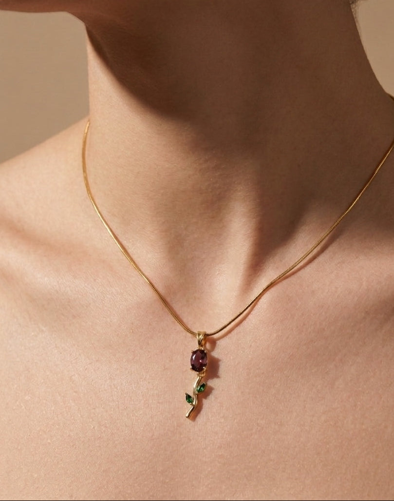 Antitarnish Necklace Wine Colour Tulip Pendant 18K Gold Plated