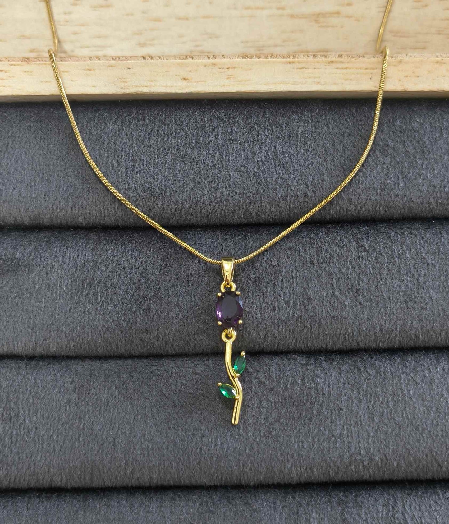 Antitarnish Necklace Wine Colour Tulip Pendant 18K Gold Plated