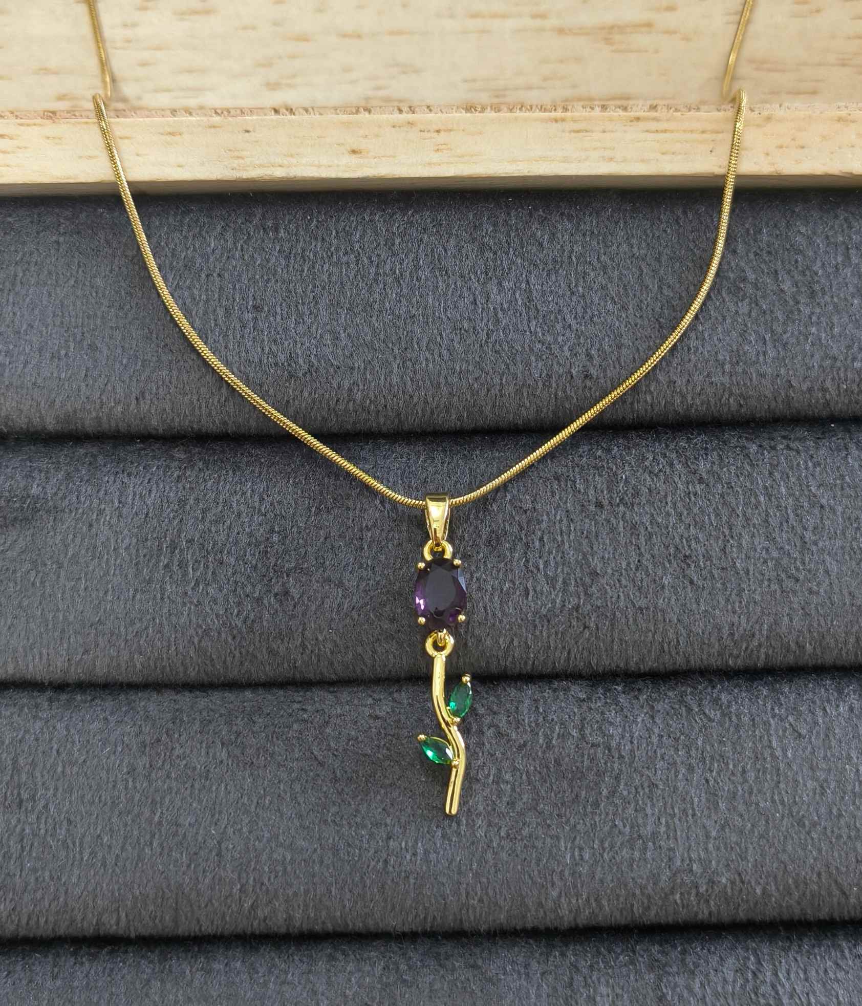 Antitarnish Necklace Wine Colour Tulip Pendant 18K Gold Plated