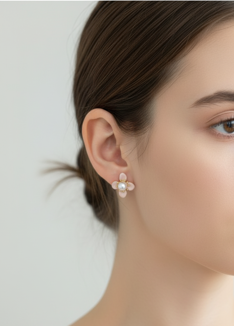 Antitarnish Pearl Studded Pink Flower Stud Earrings