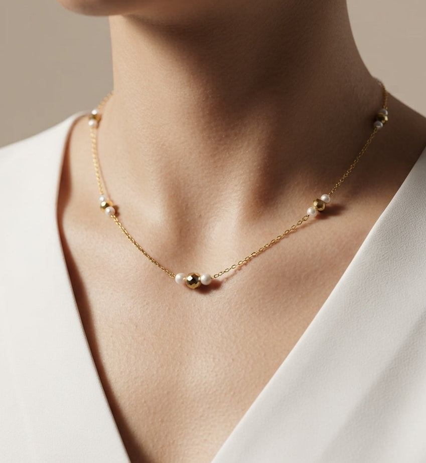 Antitarnish Pearl and Golden Beads Necklace 18K Gold Plated