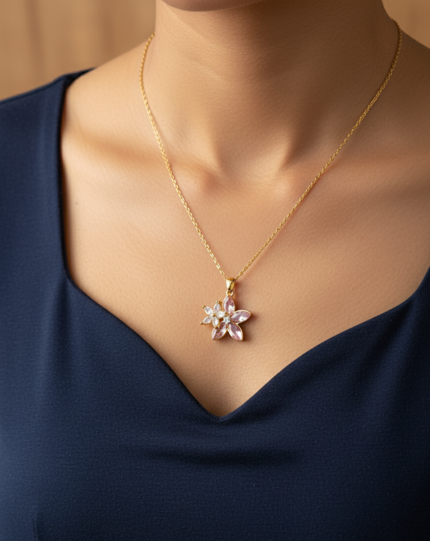 Antitarnish Pink Blossom Necklace 18K Gold plated