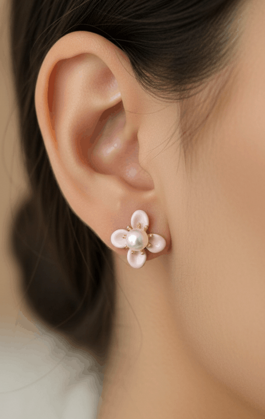 Antitarnish Pink Pearl and Flower Stud Earrings
