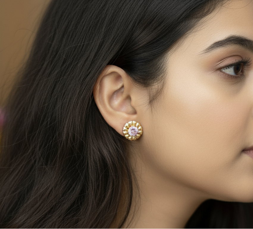 Antitarnish Pink Zircon Studs Rosegold Earrings