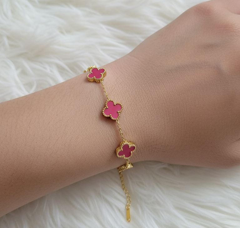 Antitarnish Reversible Dark Pink Clover Chain Bracelet