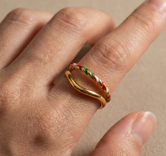 Antitarnish Ring Rainbow Wave Dual-Band 18K Gold Plated