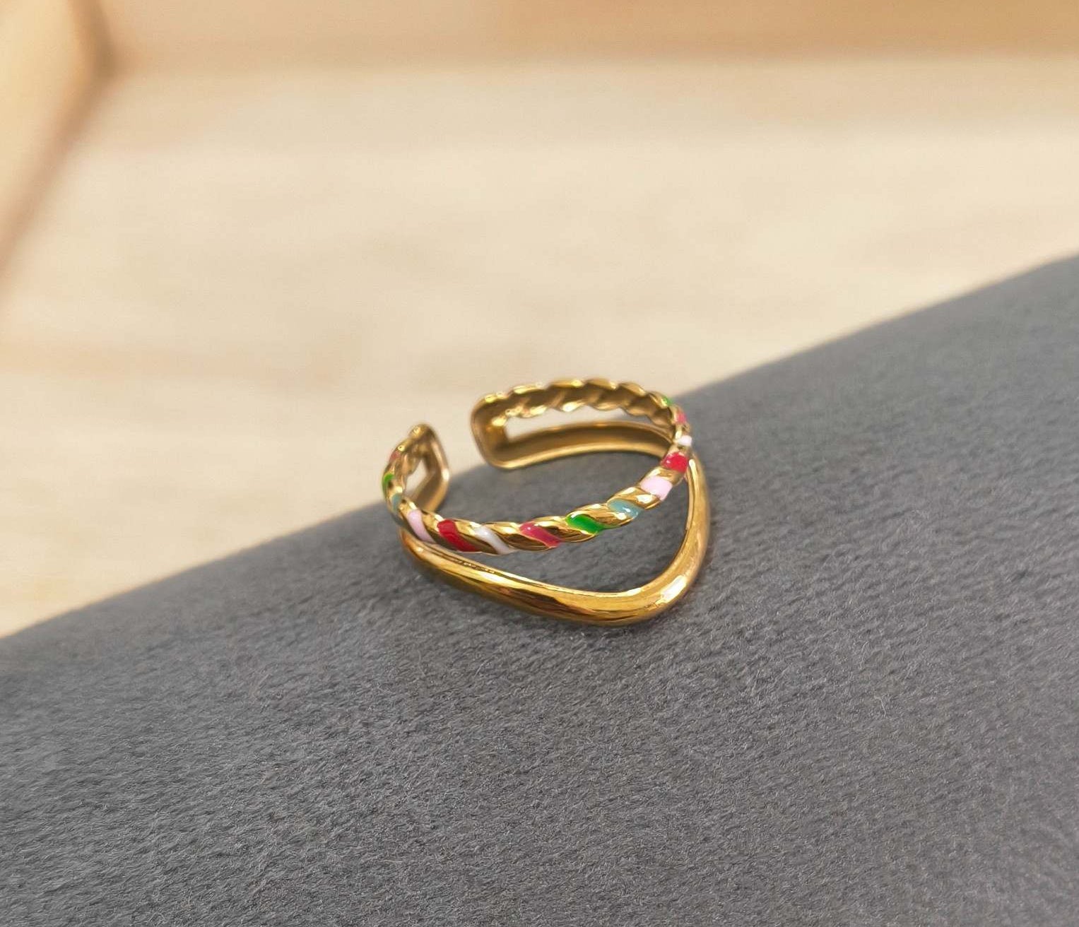 Antitarnish Ring Rainbow Wave Dual-Band 18K Gold Plated
