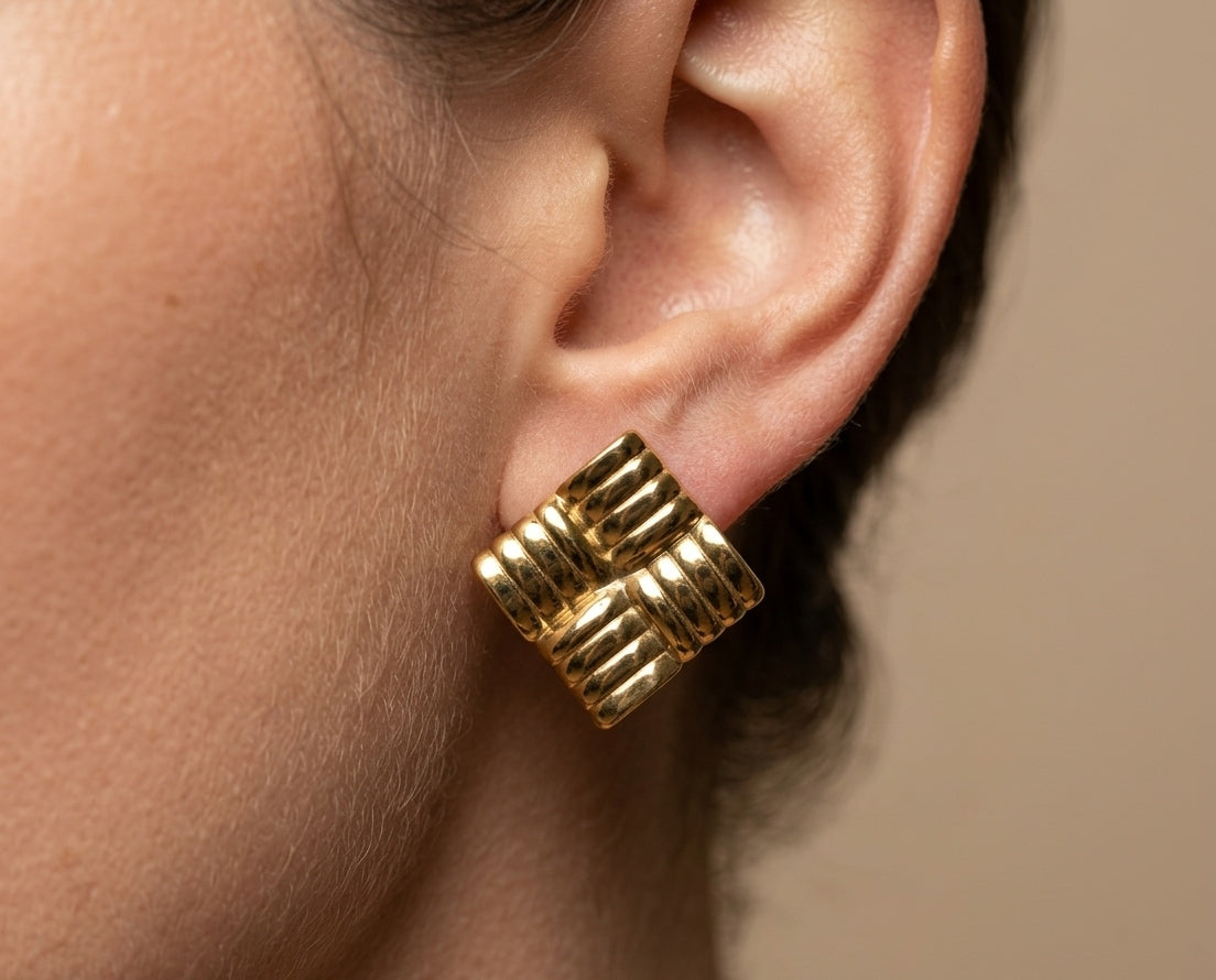 Antitarnish Square Maze Shape Earrings 18K Gold Plated