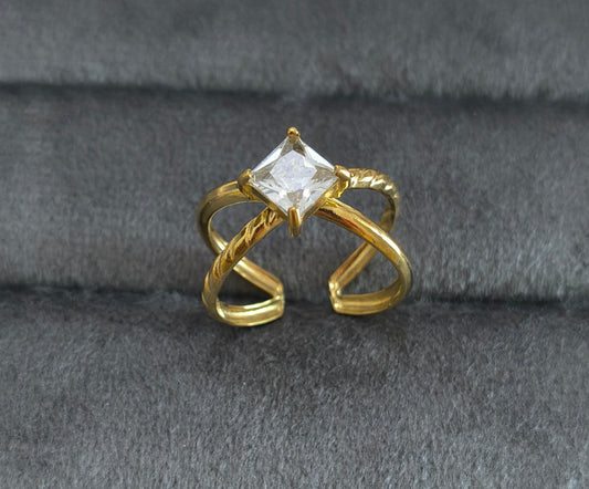 Antitarnish Square Solitaire Ring 18K Gold Plated Adjustable