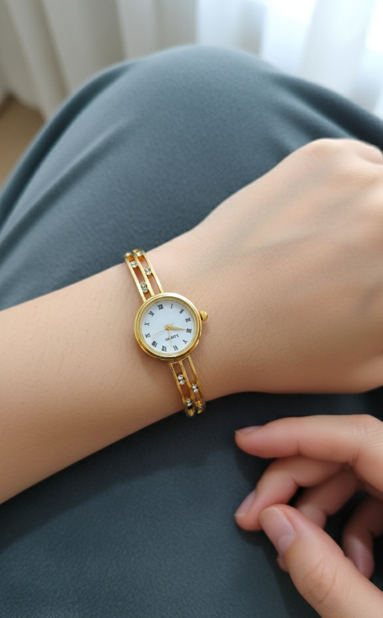 Antitarnish Stone Studded Openable Bracelet Watch 18K Gold Plated