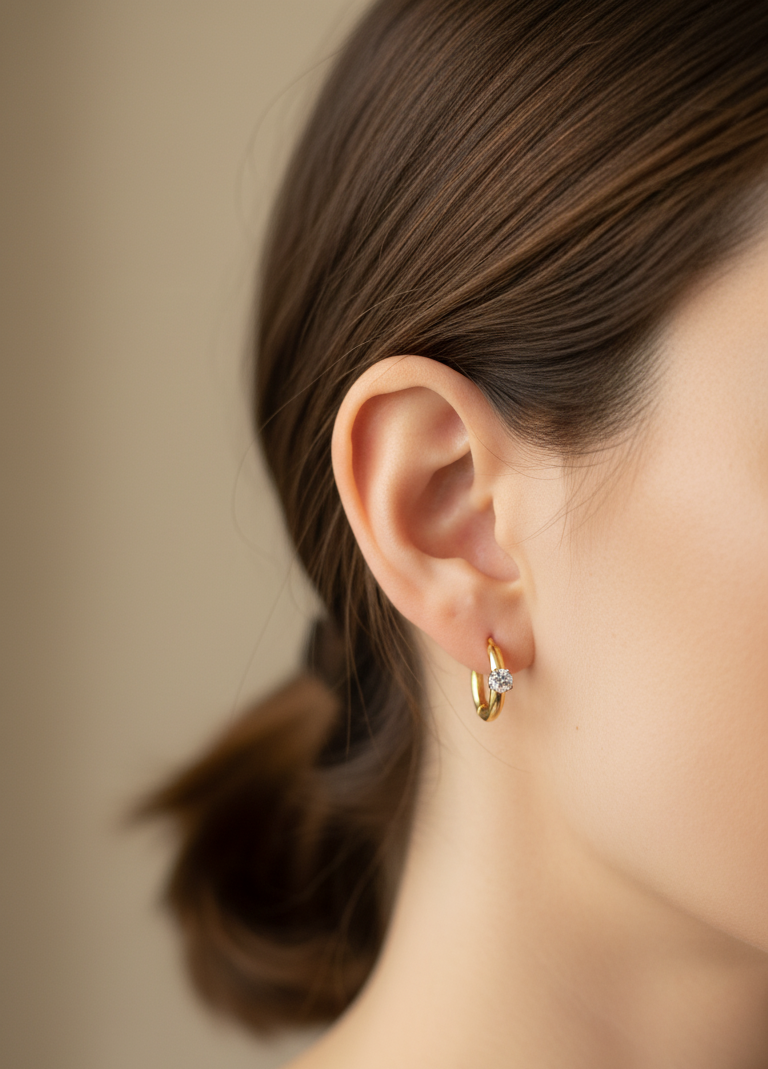 Antitarnish Tiny Solitaire Hoop Earrings 18K Gold Plated