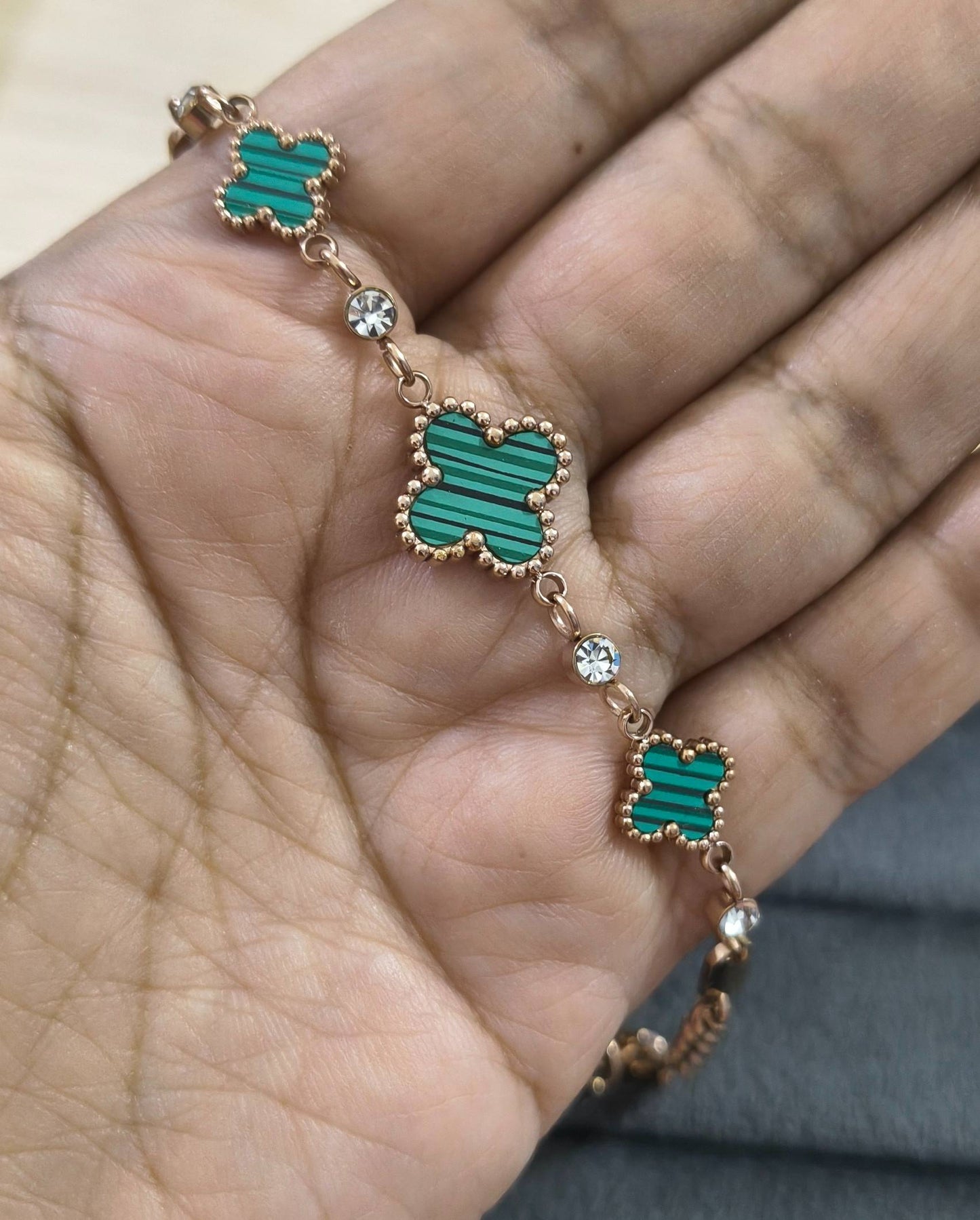 Antitarnish Trendy Rosegold Green Clover Chain Bracelet
