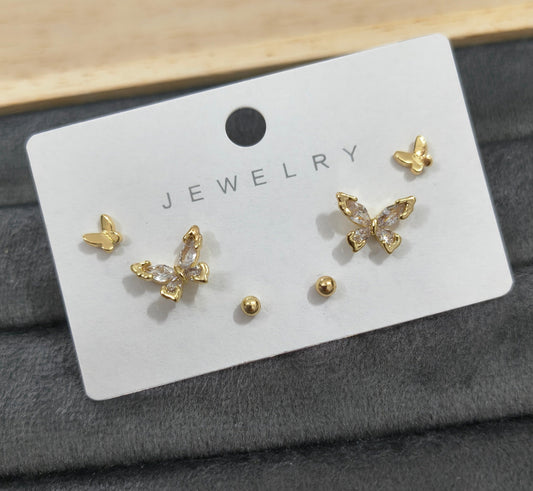 Antitarnish Trendy Studs And Shiny Butterfly Earrings Set Of 3 Pairs