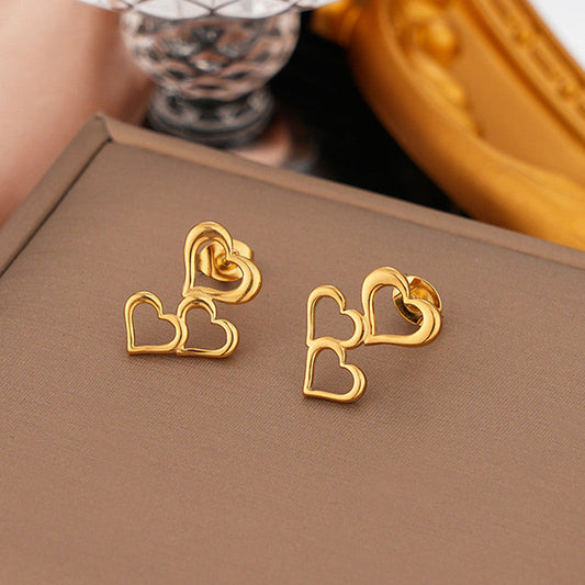 Antitarnish Triple Heart Stud Earrings 18K Gold Plated