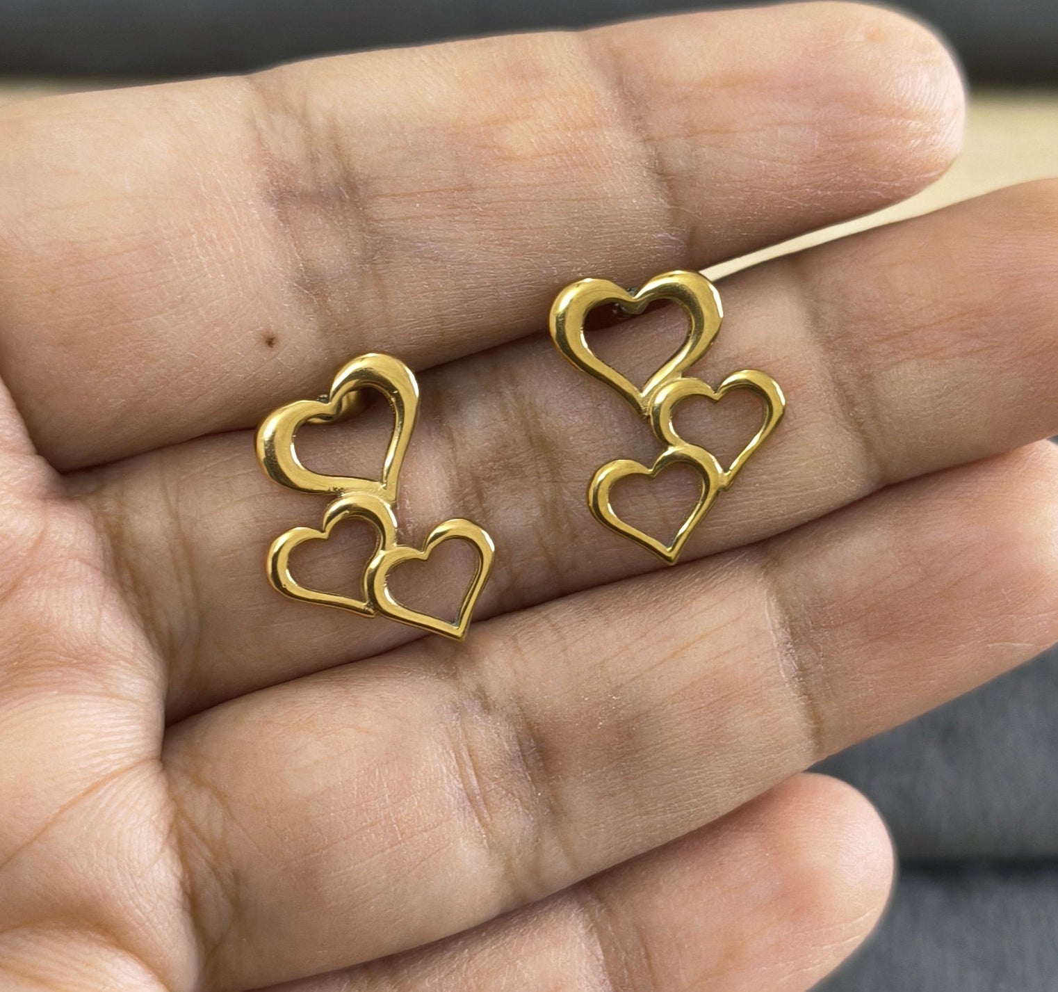 Antitarnish Triple Heart Stud Earrings 18K Gold Plated
