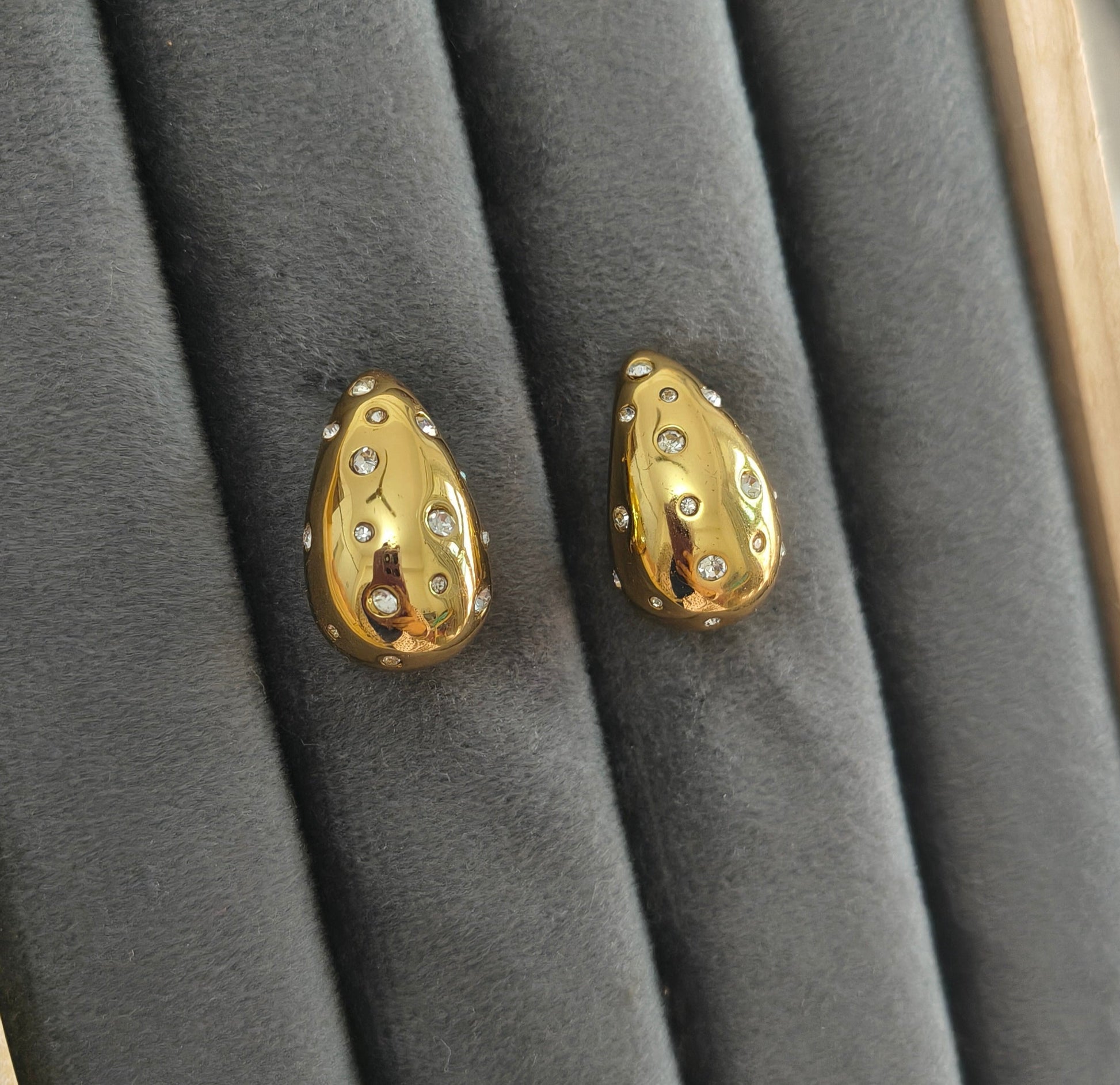 Big Drop Shaped Diamond Studded Studs 18K Gold Plated