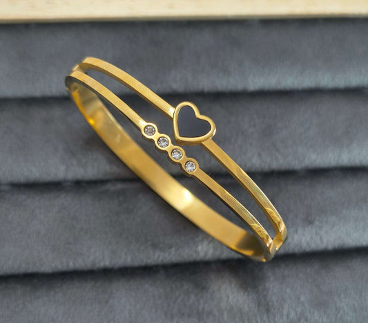 Black Heart And Stone Studded Classic 18K Gold Plated Bracelet