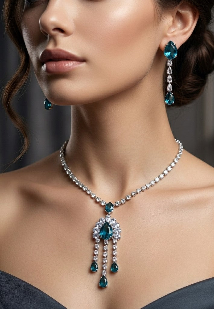 Blue Glass Stone Drop Pendant Necklace Rhodium Plated