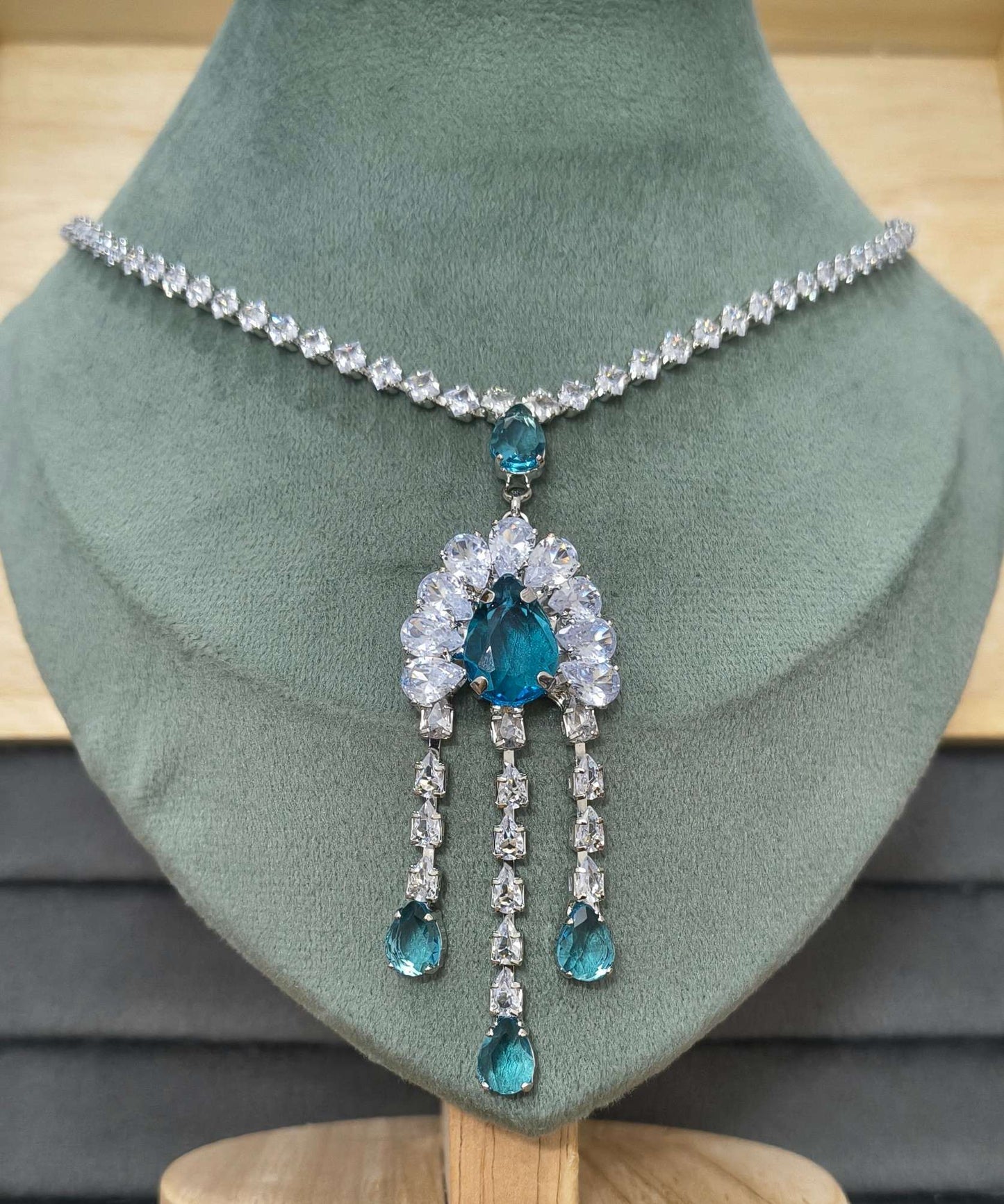 Blue Glass Stone Drop Pendant Necklace Rhodium Plated