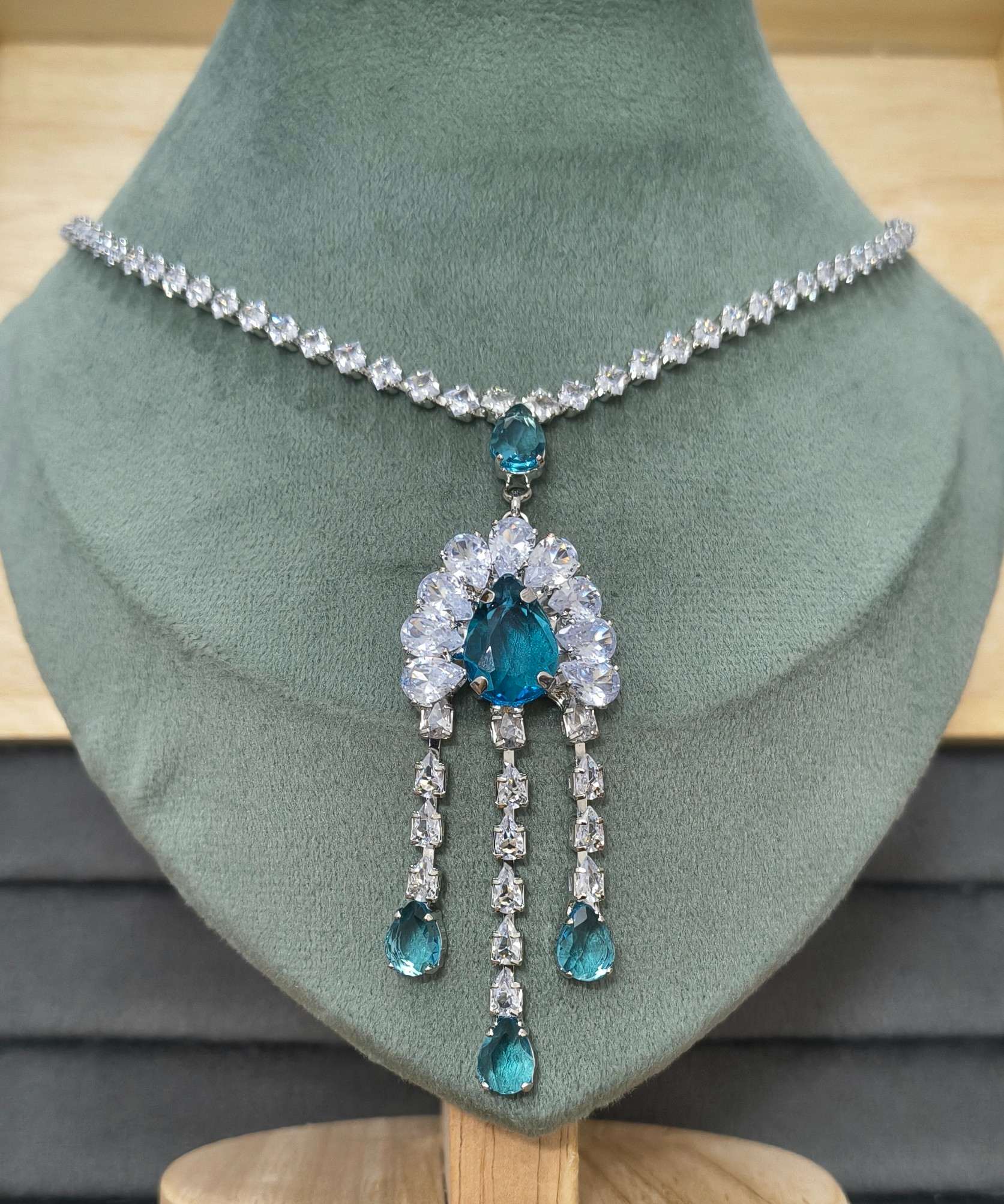 Blue Glass Stone Drop Pendant Necklace Rhodium Plated