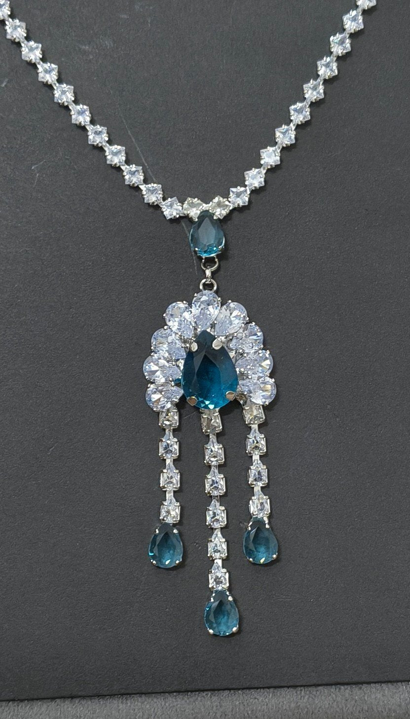 Blue Glass Stone Drop Pendant Necklace Rhodium Plated