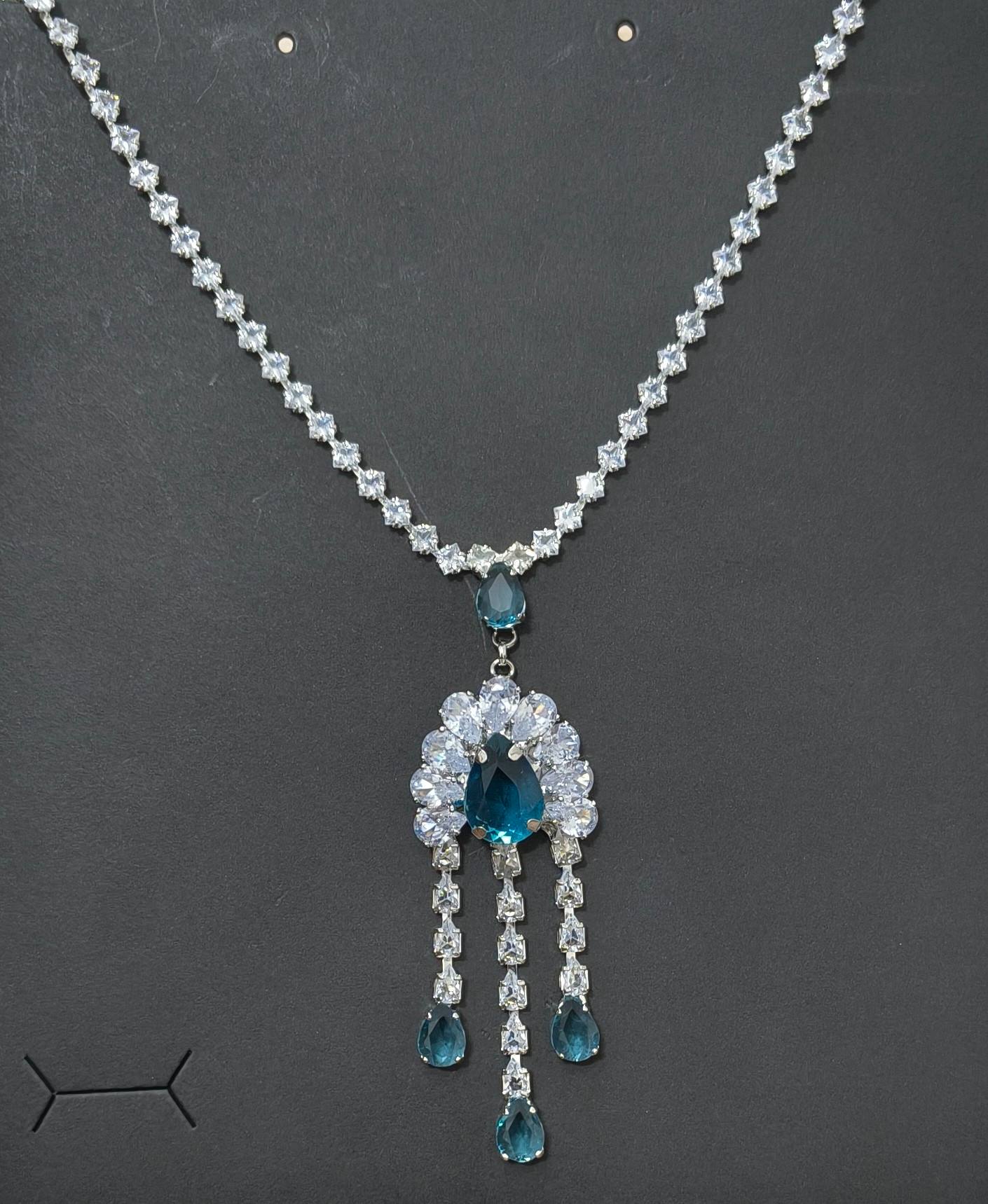 Blue Glass Stone Drop Pendant Necklace Rhodium Plated