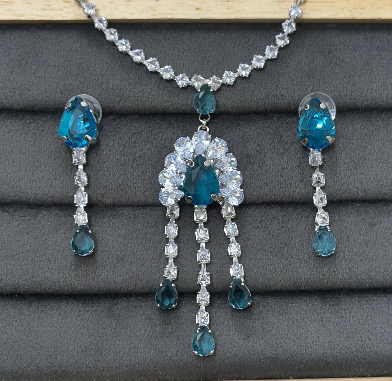 Blue Glass Stone Drop Pendant Necklace Rhodium Plated