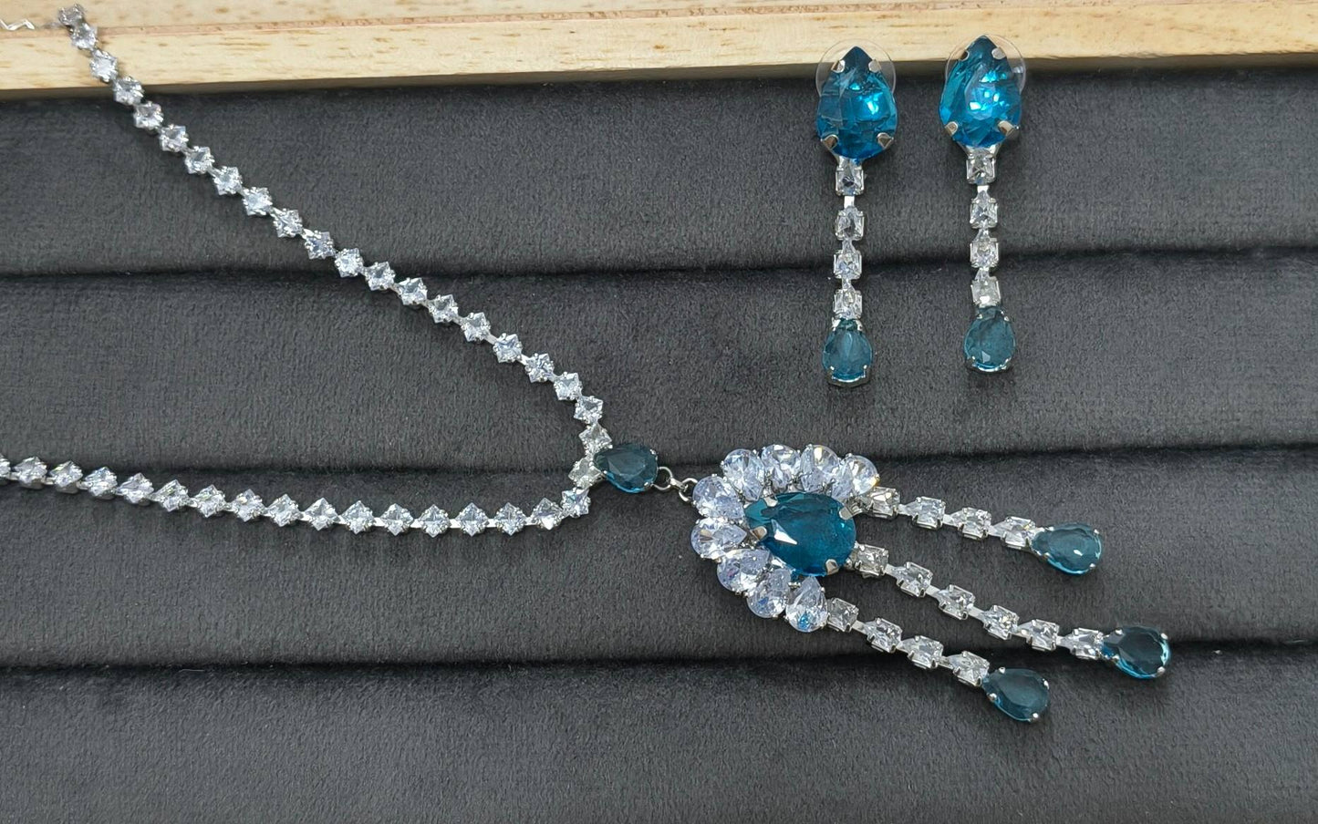 Blue Glass Stone Drop Pendant Necklace Rhodium Plated
