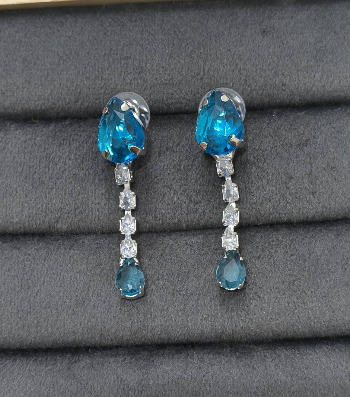Blue Glass Stone Drop Pendant Necklace Rhodium Plated
