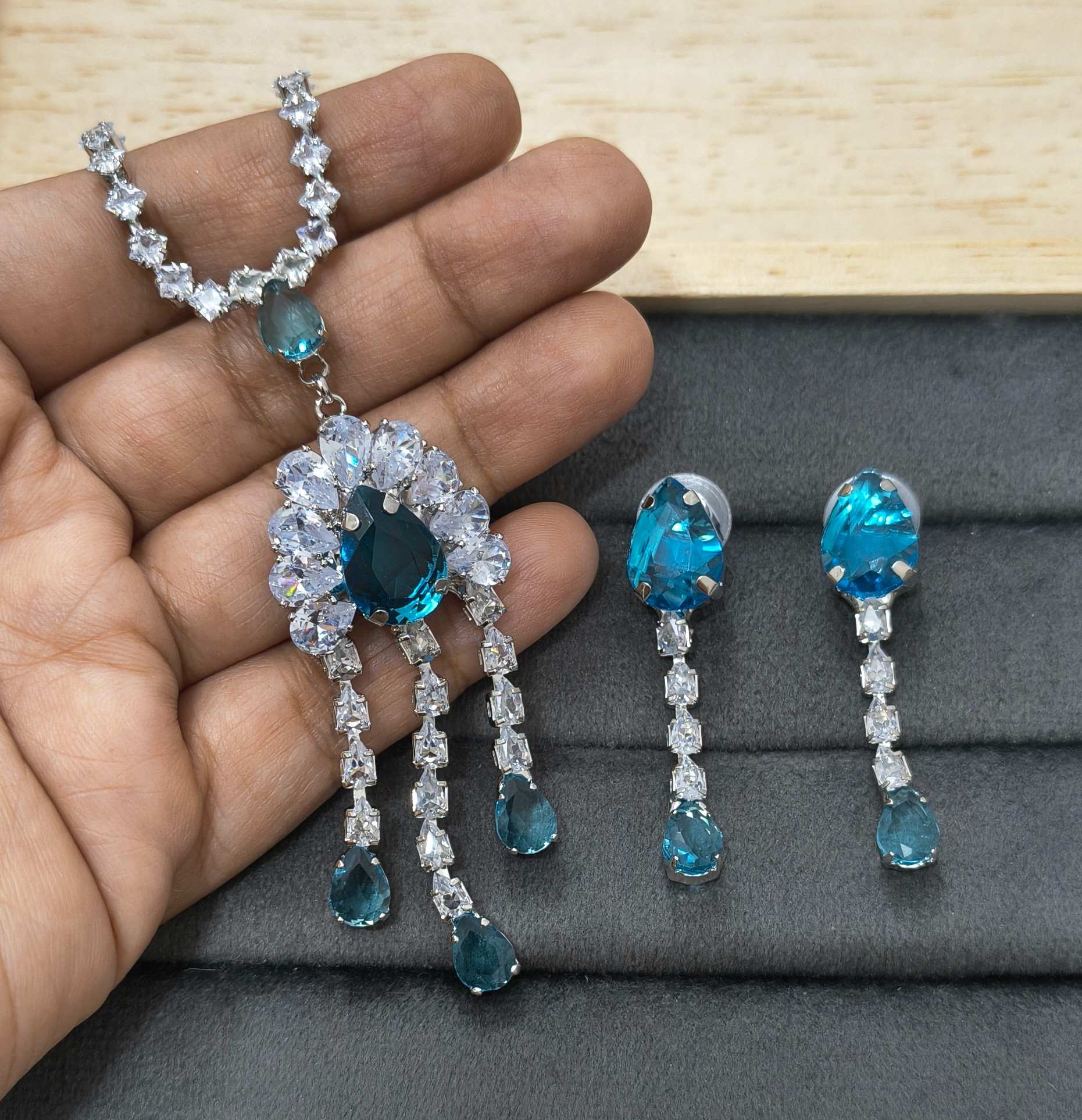 Blue Glass Stone Drop Pendant Necklace Rhodium Plated