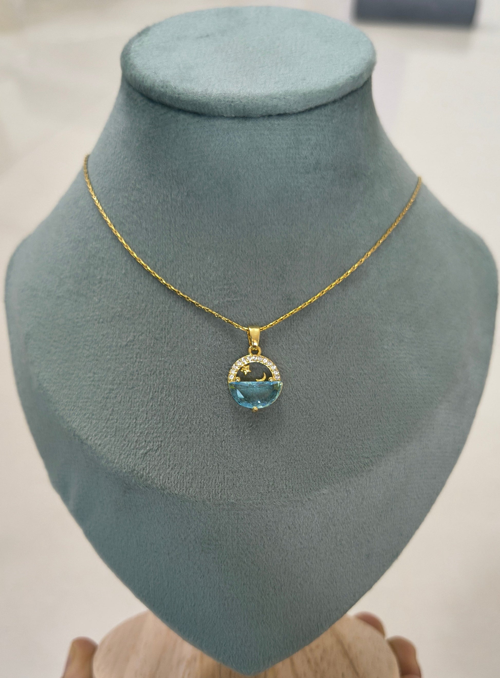 Blue Water Moon Stars Pendent Necklace 18K Gold Plated