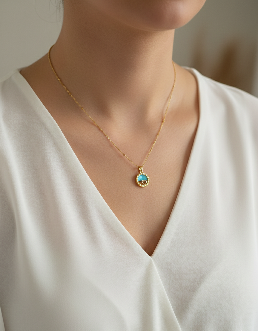 Blue Water Moon Stars Pendent Necklace 18K Gold Plated