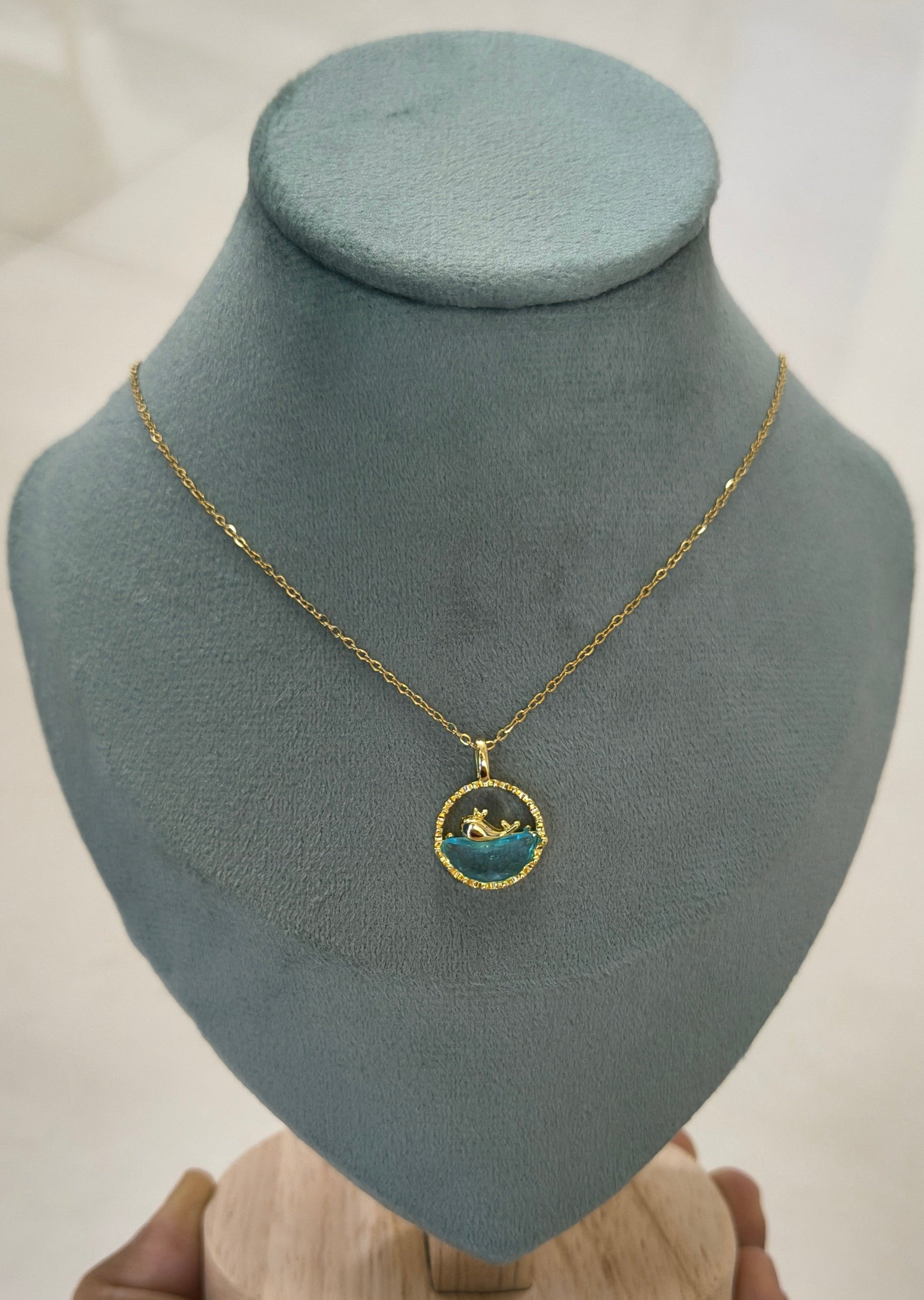 Blue Water and Whale Pendant Necklace 18K Gold Plated