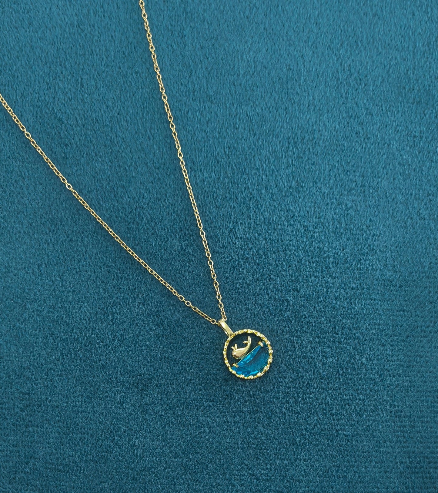 Blue Water and Whale Pendant Necklace 18K Gold Plated