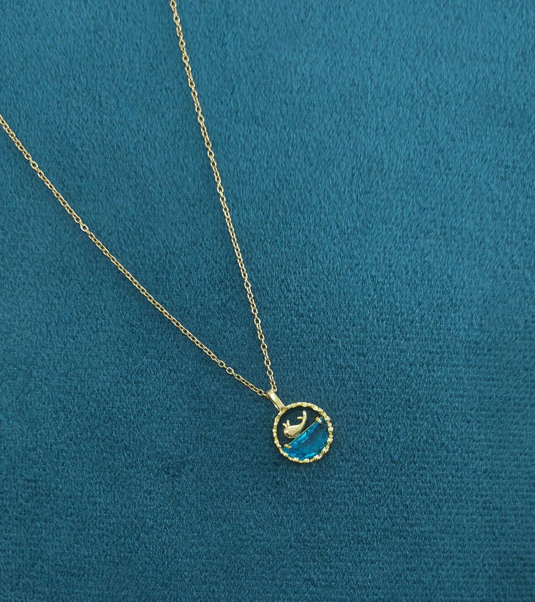 Blue Water and Whale Pendant Necklace 18K Gold Plated
