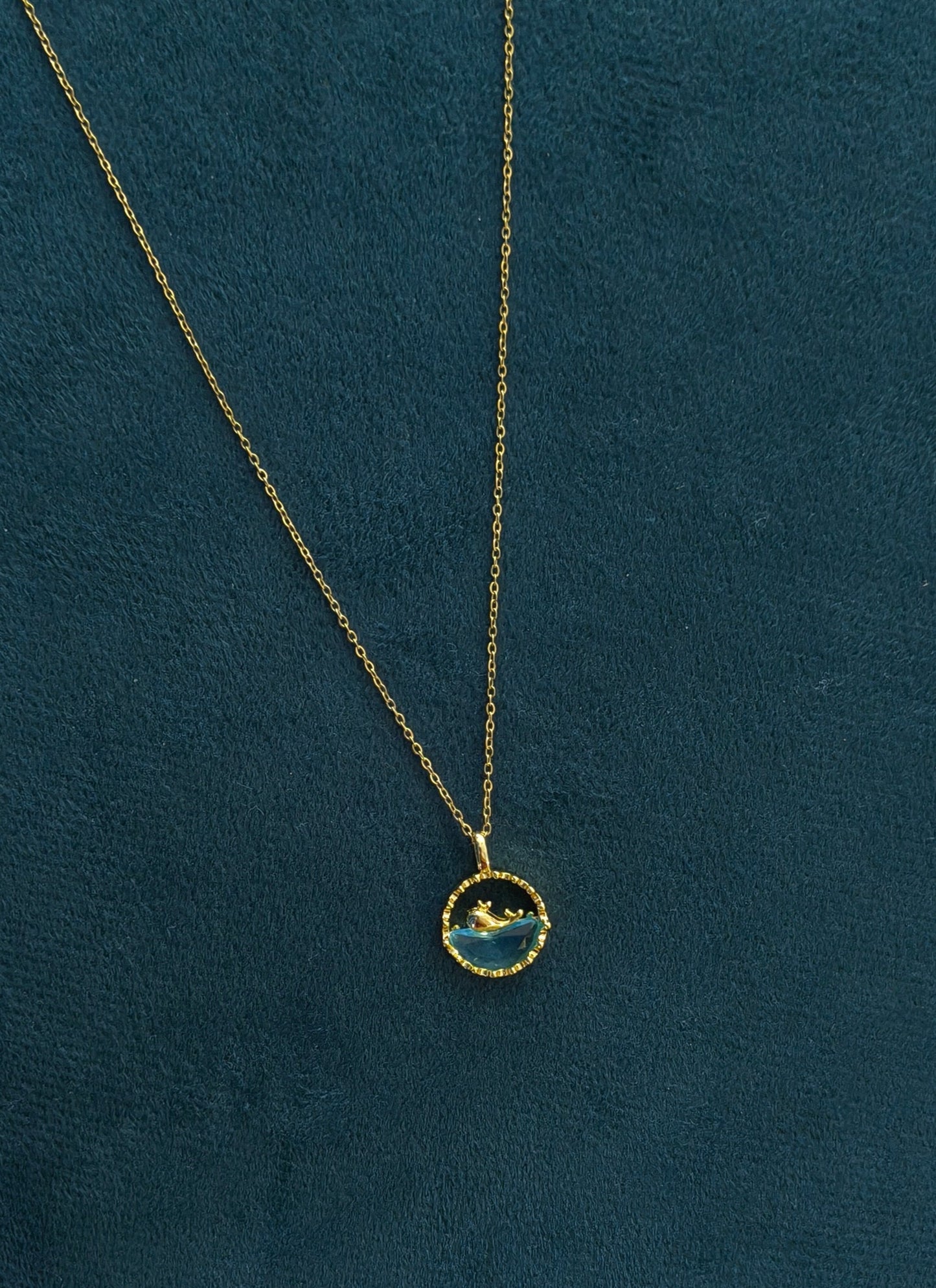 Blue Water and Whale Pendant Necklace 18K Gold Plated