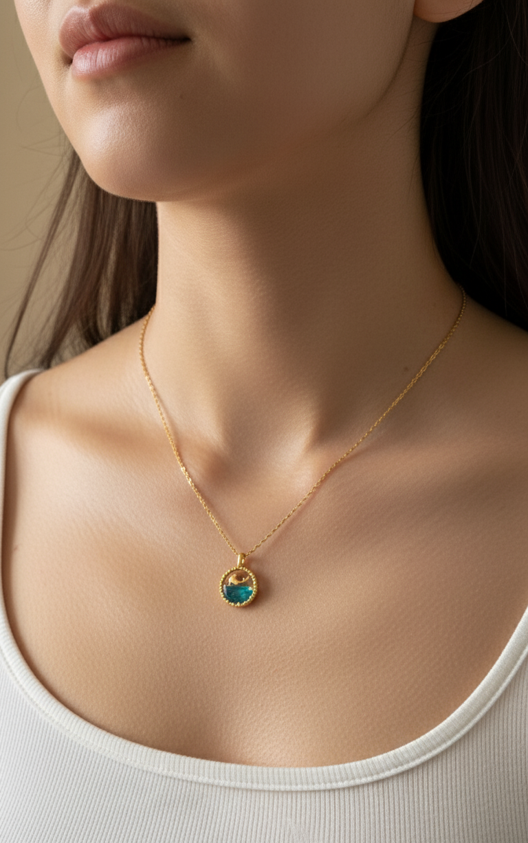 Blue Water and Whale Pendant Necklace 18K Gold Plated