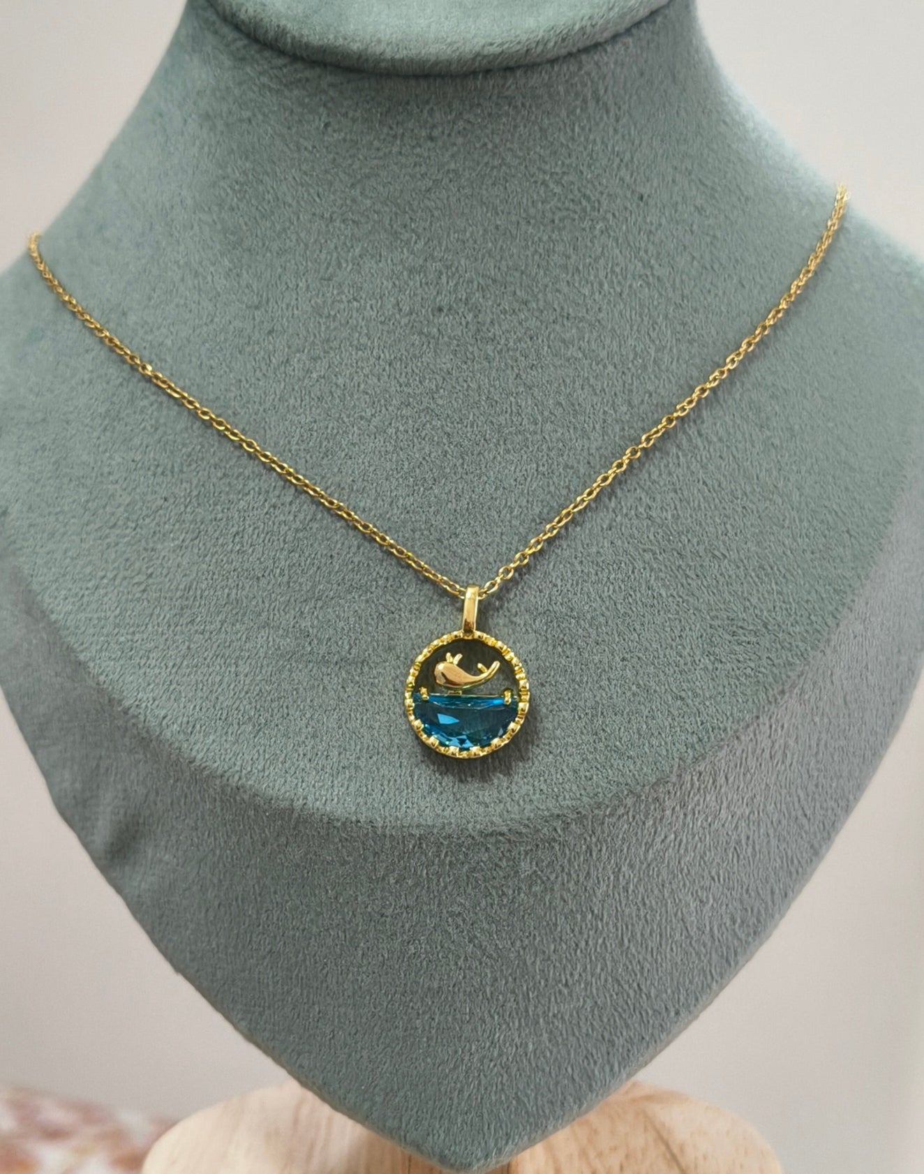 Blue Water and Whale Pendant Necklace 18K Gold Plated