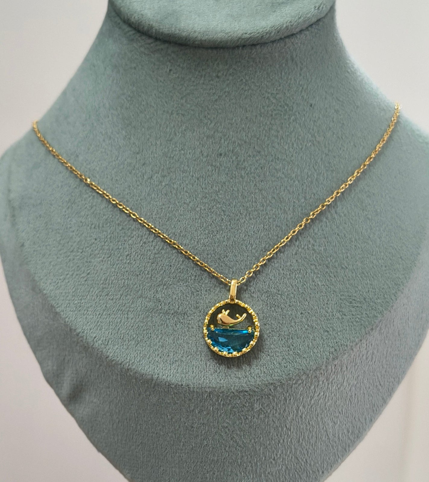 Blue Water and Whale Pendant Necklace 18K Gold Plated