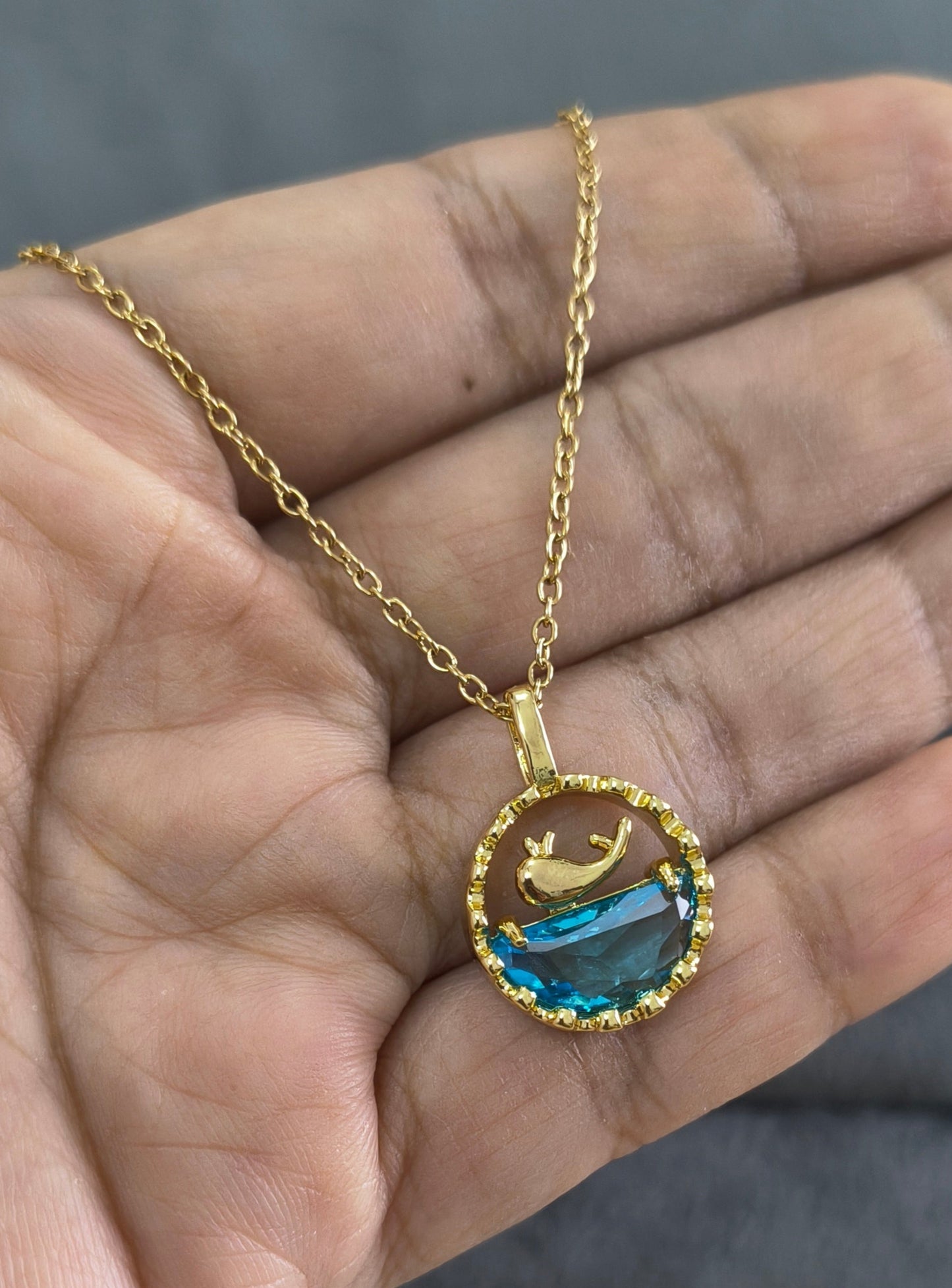 Blue Water and Whale Pendant Necklace 18K Gold Plated