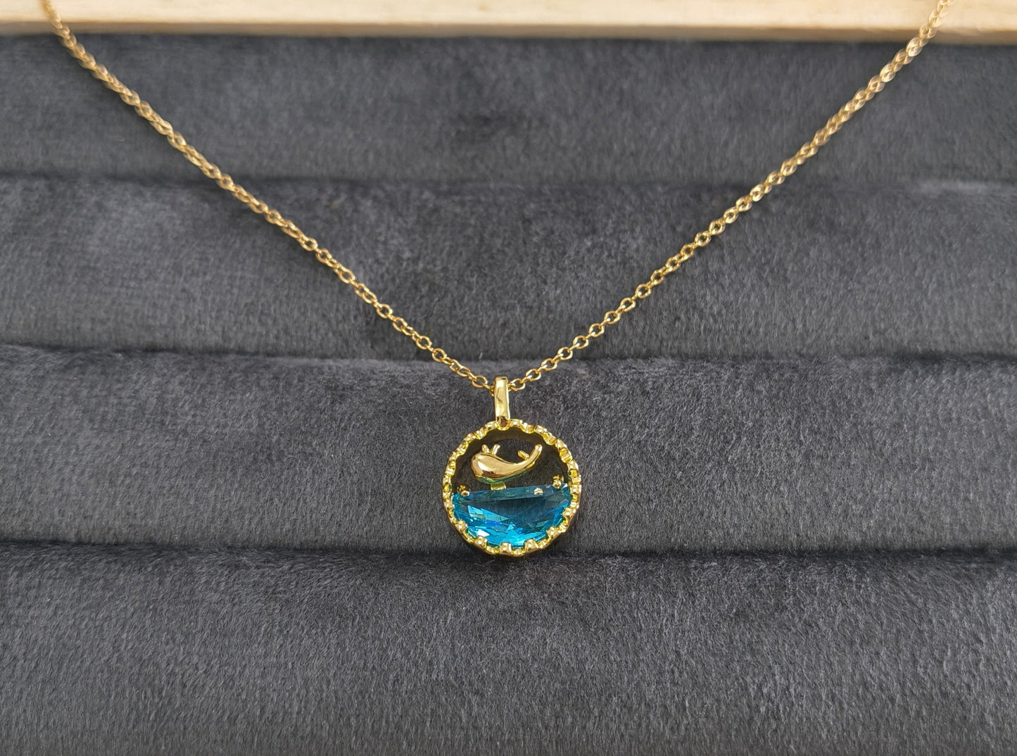 Blue Water and Whale Pendant Necklace 18K Gold Plated