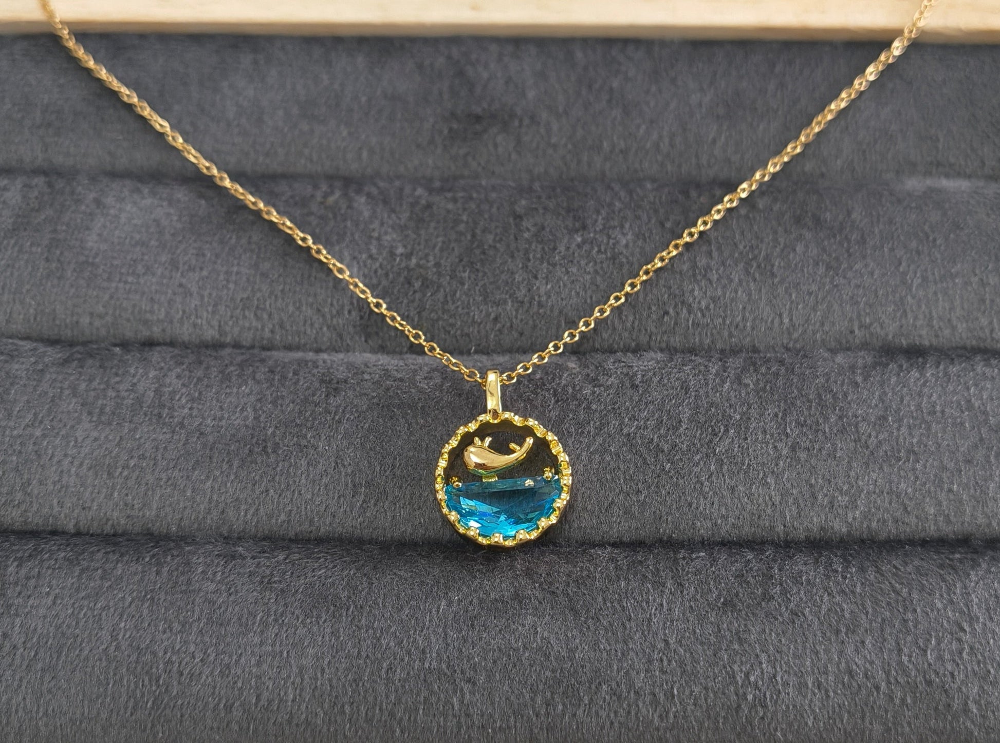 Blue Water and Whale Pendant Necklace 18K Gold Plated