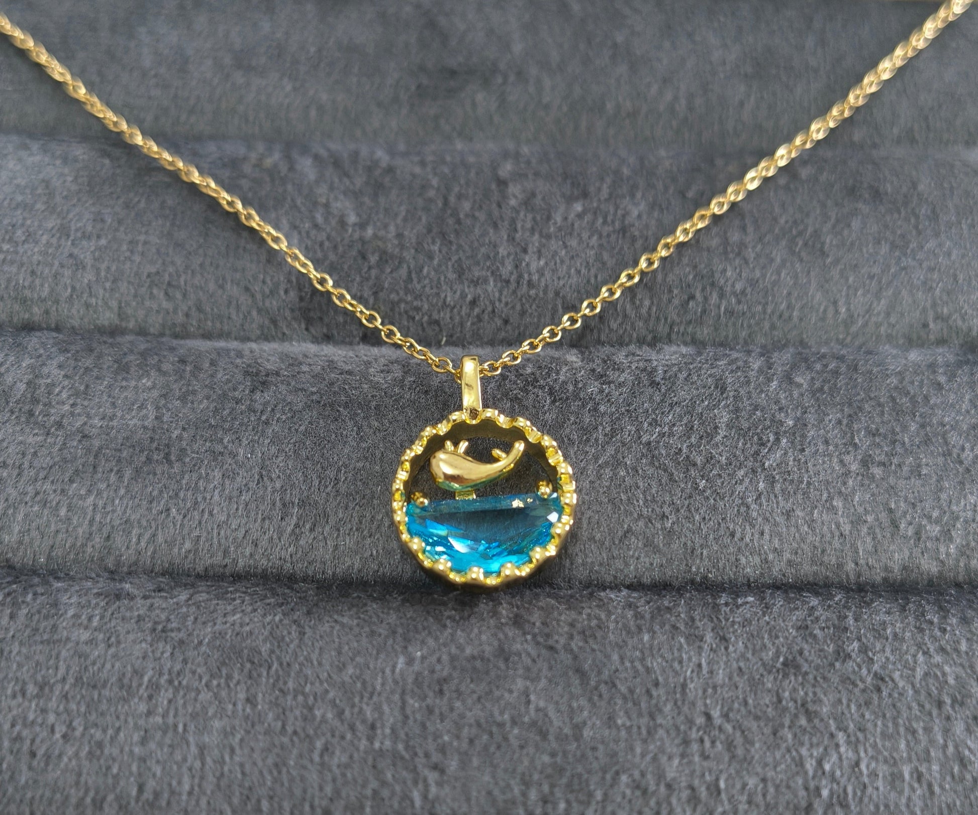 Blue Water and Whale Pendant Necklace 18K Gold Plated