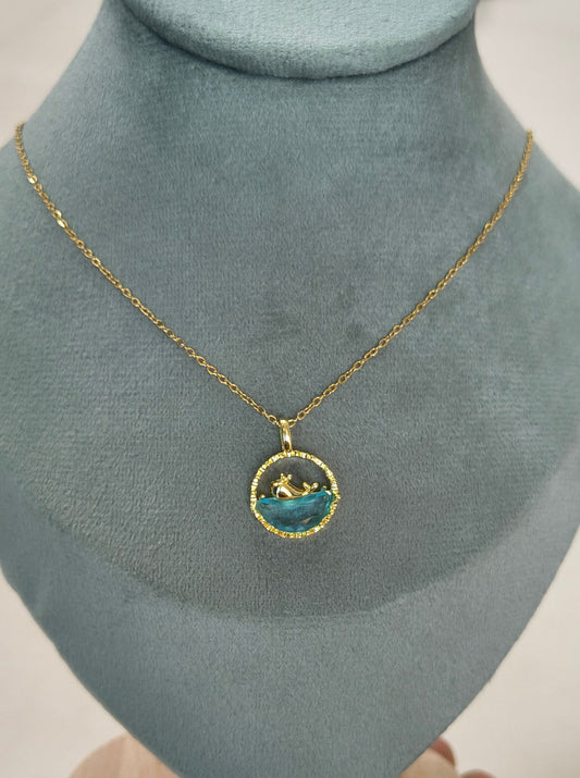 Blue Water and Whale Pendant Necklace 18K Gold Plated