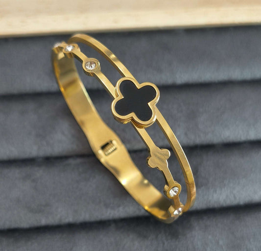 Classic Black Clover and Stone Studded 18K Gold Plated Bracelet