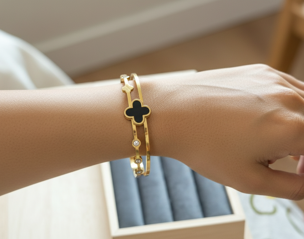 Classic Black Clover and Stone Studded 18K Gold Plated Bracelet